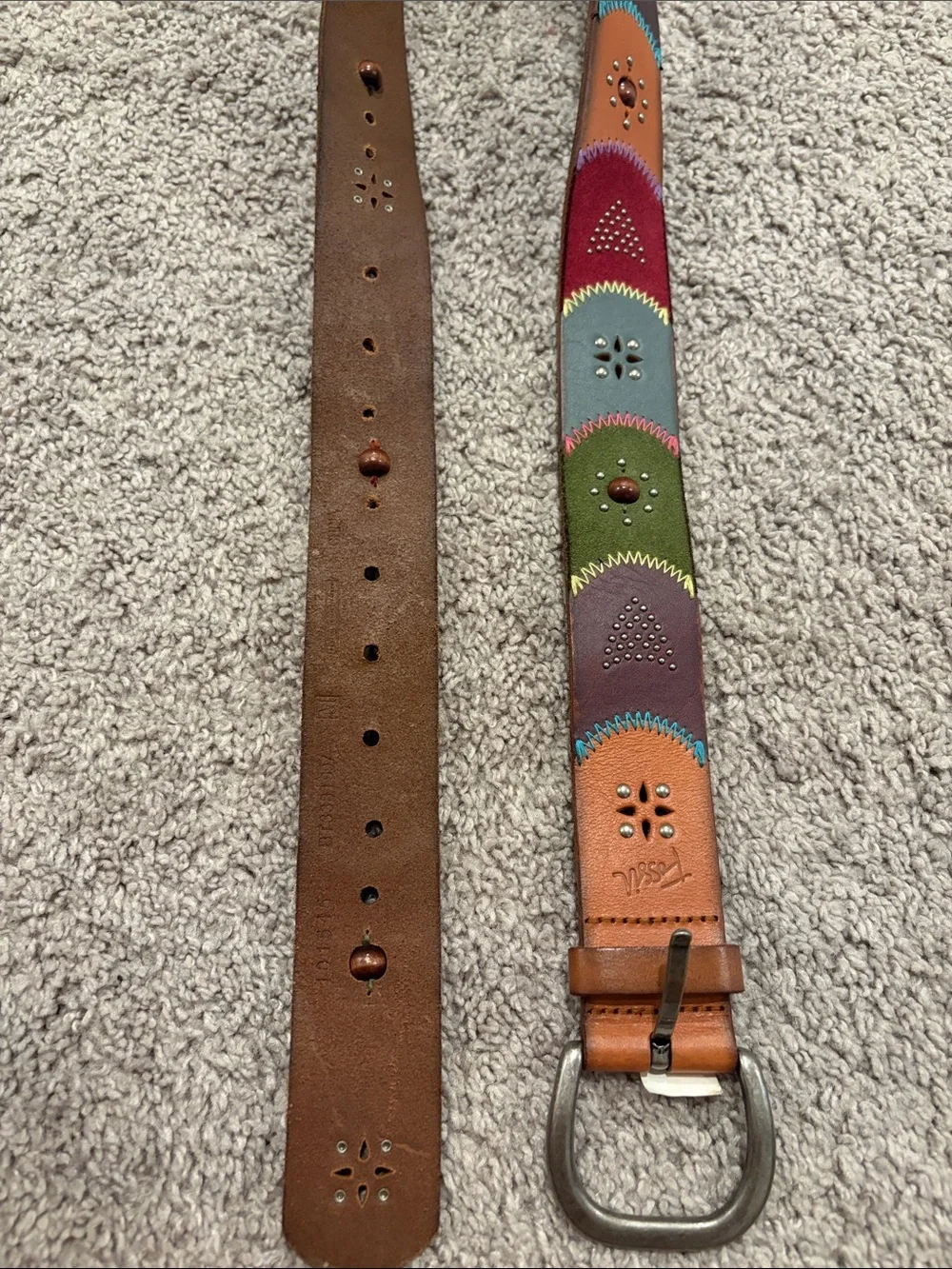 Fossil Women's Dress Belt Size S Large Patchwork Studded Emboidered Brown Green - Picture 2 of 8